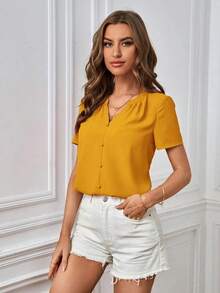 Blusa casual de mujer de unicolor con cuello en V y manga corta - Amarillo - Ver 3
