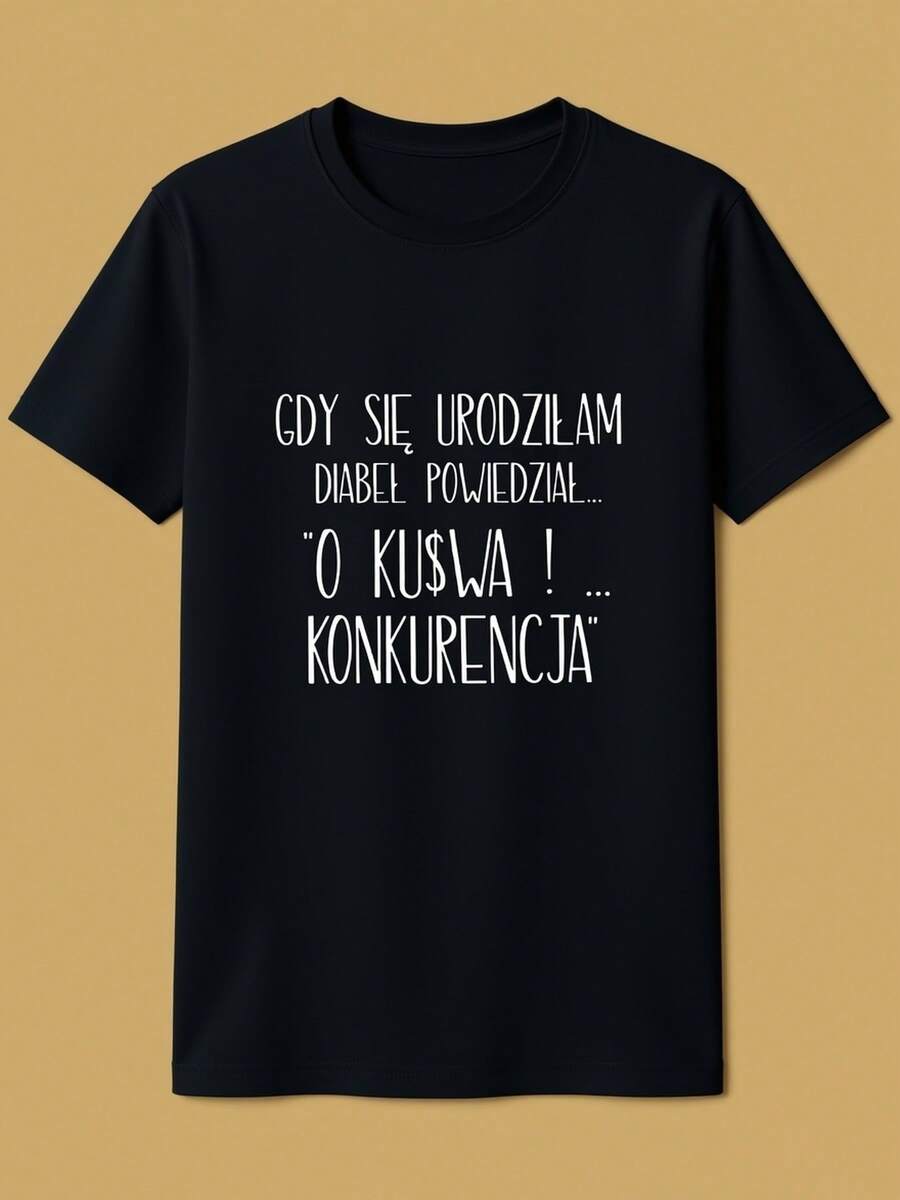 Talla grande, camiseta de mujer talla grande con estampado de letras "GDY SIE URODZILAM DIABEL POWIEDZIAL O KUSWA KONKURENCJA", manga corta, cuello redondo, top casual para verano y primavera, ropa de mujer - Negro - Ver 1