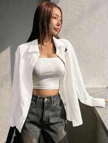 Camisa de mujer de manga larga de unicolor casual, para primavera y otoño, blusas de manga larga estilo Y2K, ropa de mujer de otoño - Blanco - Ver 5