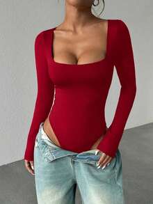 Unity Body de manga larga para mujer, color marrón, ajuste ceñido, minimalista, versátil para ir al trabajo - Burdeos 2 - Ver 1