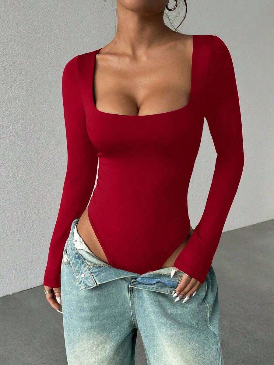 Unity Body de manga larga para mujer, color marrón, ajuste ceñido, minimalista, versátil para ir al trabajo - Burdeos 2 - Ver 1