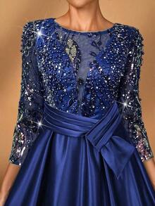y lujoso vestido de manga larga transparente con bordado de encaje floral, con perlas y lazo con diamantes, con vuelo.Adecuado para boda, fiesta, vacaciones, baile de graduación, vestido de noche para novia, madre de la novia - Azul marino - Ver 1