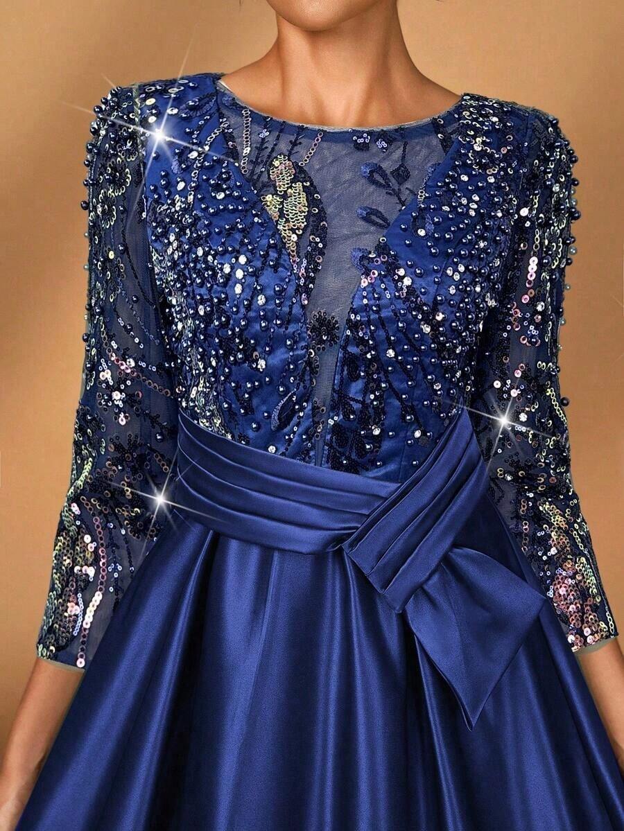 y lujoso vestido de manga larga transparente con bordado de encaje floral, con perlas y lazo con diamantes, con vuelo.Adecuado para boda, fiesta, vacaciones, baile de graduación, vestido de noche para novia, madre de la novia - Azul marino - Ver 1