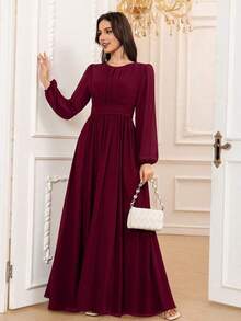 Vestido de dama de honor formal de gasa de manga larga hasta el suelo con corte evasé, color borgoña elegante, vestido de invitada de boda, mangas sin forro, primavera - Burdeos - Ver 3