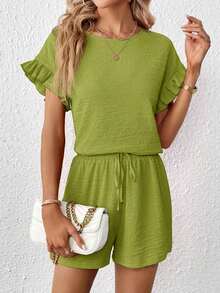 Top de manga con volante & Shorts de cintura con cordón - Verde lima - Ver 5