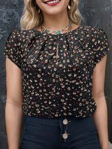 Camisa casual de mujer con cuello redondo y mangas cortas, estampado floral, estilo vacacional - Negro - Ver 6