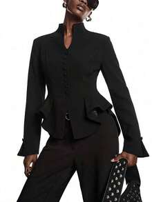 2026 Nueva Moda Minimalista Primavera/Verano Elegante Blazer Ajustado de Cintura Caqui para Mujer, Camisa de Negocios para Damas, Adecuado para el Trabajo, Se Puede Usar como Blazer, Blusa, Uniforme de Trabajo/Casual de Negocios/Atuendo de Oficina - Negro - Ver 5