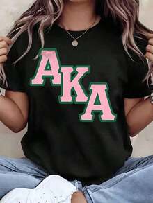 Camiseta de Mujer Rosa con Estampado de Letras Aka Sorority, Cuello Redondo, Corte Regular, Ropa Casual, Regalo para Estudiantes Universitarios, Aka Sorority, 220g, Transpirable y Cómoda - Negro - Ver 6