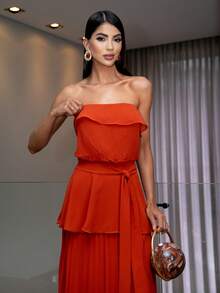 Long Strapless Chiffon Party Dress Without Glitter For Bridesmaids At A Daytime Wedding. - 紅陶 - 查看 4