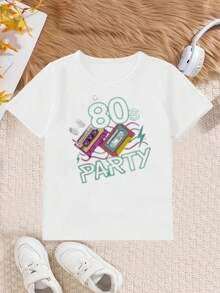 Verano 2026 Copa 2026 Camiseta de algodón de manga corta para niños con estampado de patrón, camiseta de cuello redondo de 100% algodón, camiseta gráfica de fiesta de los 80 para niños - diseño retro de dibujos animados vibrantes, camiseta casual de verano de manga corta para niños, tela ligera y transpirable, perfecta para atuendos casuales, ropa de niño preadolescente lavable en máquina, ropa de cultura pop coreana, ropa coreana, atuendo de verano, diseño de moda - Blanco - Ver 7