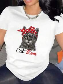 Women's Cat-Themed T-Shirt From Boutique Clothing, Short-Sleeved And Made Of Polyester Fabric, Printed With Cute Cat Designs And A Red Bandana, Lightweight And Durable, A Great Choice For Casual Wear At Home Or In Cafes - Unisex Cotton T-Shirt, Short-Sleeved, Round Neck, Urban Vintage Style. RSNM - 白色 - 查看 1