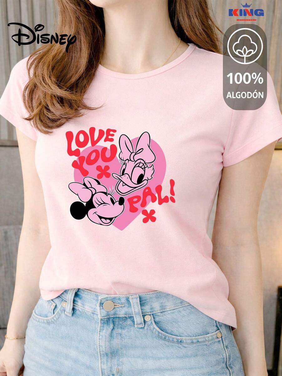 Women's T-Shirt Made Of 100% High-Quality Cotton. This T-Shirt Guarantees Exceptional Softness To The Touch, With A Round Neck, "Disney Minnie & Daisy Love You Pal" Print, And Short Sleeves. - 粉色 - 查看 1