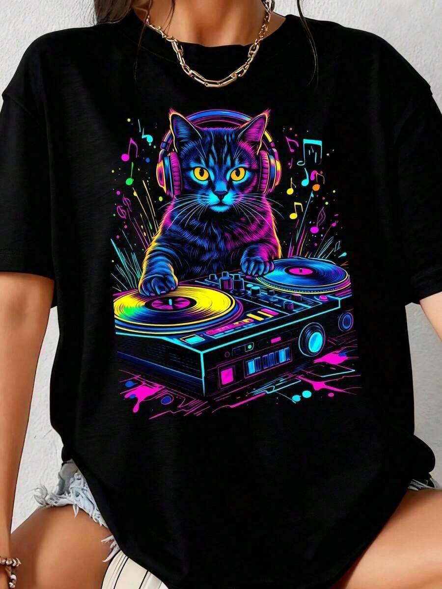 Men's Pure Cotton T-Shirt With Cat Graphic Design, DJ Techno EDM Rave Style, For Cat Lovers - Black 2 - View 1