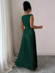 Vestido de verano de cuello en V azul claro con cintura ceñida, aplicación floral en el pecho y falda plisada en línea A, elegante estilo francés - Verde Oscuro - Ver 2