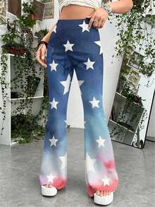 2026 Summer New Styles American Flag Star Pattern Print Plus Size Women's Slim Fit Flare Pants Comfortable, Suitable For All Seasons Versatile For Casual Gatherings And Dates_1 - trắng - Xem 2