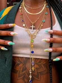 5pcs/Set Colorful Crystal Cross Pendant Layered Y-Necklace, Suitable For Beach, Vacation, Daily, Party Wear, Gift For Friends And Girlfriends - Yellow Gold - View 1