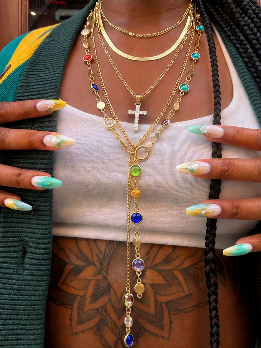 5pcs/Set Colorful Crystal Cross Pendant Layered Y-Necklace, Suitable For Beach, Vacation, Daily, Party Wear, Gift For Friends And Girlfriends - Yellow Gold - View 1