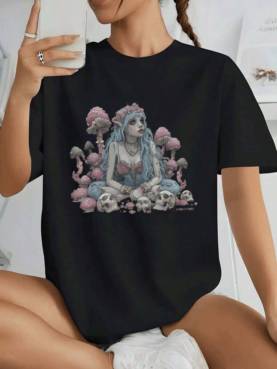 Women's T-Shirt With Fantasy Elf Design Sitting Among Mystic Mushrooms And Skulls Symbolizing The Balance Between Life And Decay, 100% Cotton, Loose Fit, Casual Wear - 黑色 - 查看 1