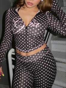 Spring/Summer 2 Pieces Set For Women Polka Dot Casual Graphic Print Zip Long Sleeve Top And Long Pants Beach Going Out Rave Gym Party Outfits - màu đen - Xem 7
