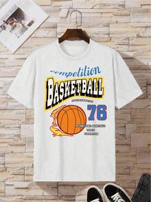 2026Camiseta de hombros caídos con estampado de baloncesto y letra2026 - Blanco - Ver 1