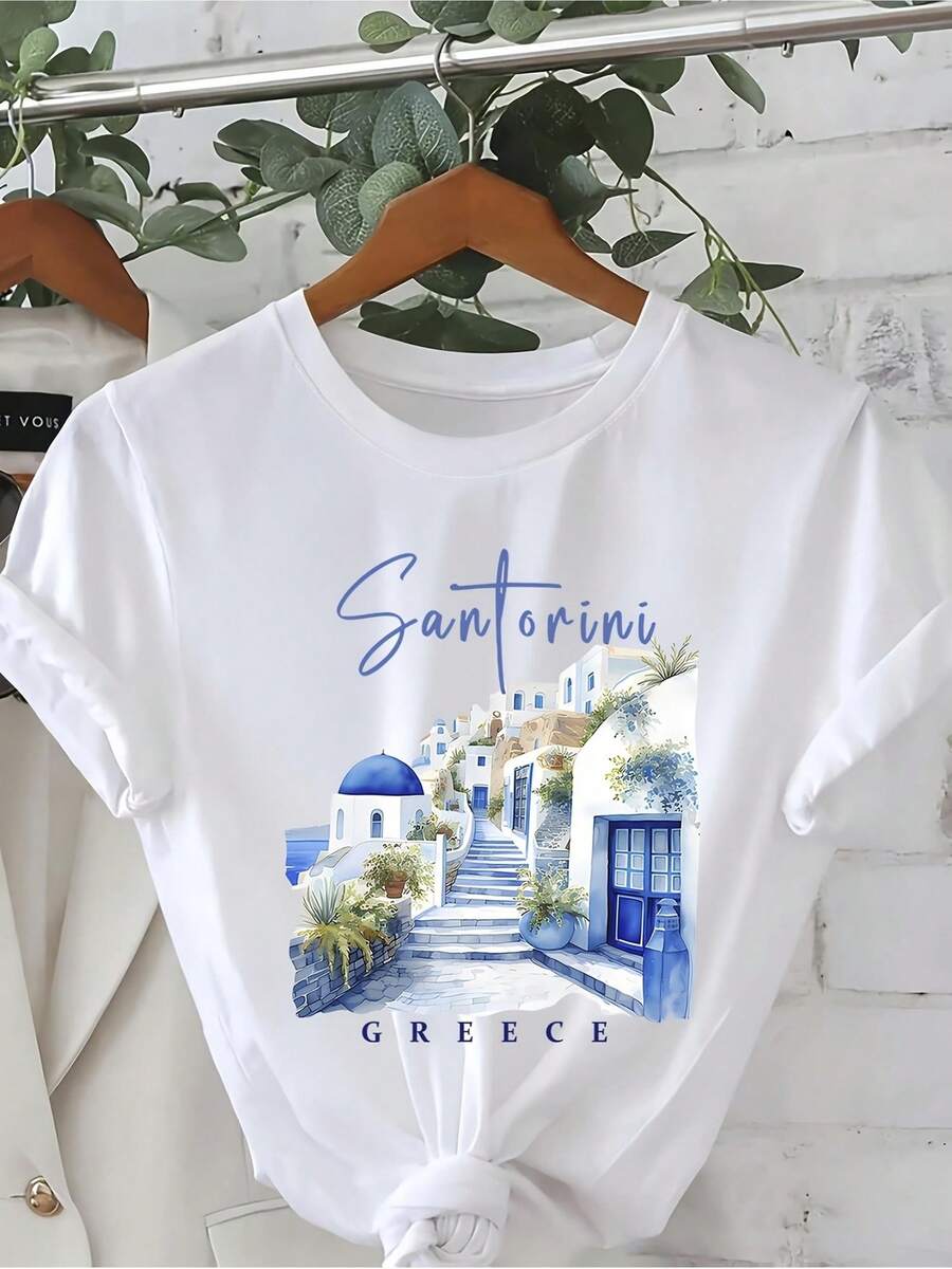 White Santorini Graphic Design T-Shirt For Beach, Urban Style, Summer Decor, Comfortable, Versatile, Cool, Casual For Women, Available In Various Sizes, Summer Fashion, Tourism, Greece - 白色 - 查看 1