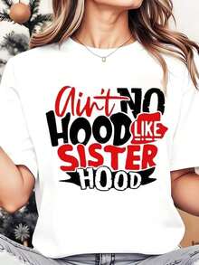 Women's Crew Neck T-Shirt With Graffiti Print 'No Hoodie Like My Sister's', Graphic Tee For Casual Wear And Holiday Gifts, Fashionable Summer Cotton T-Shirt - 白色 - 查看 1