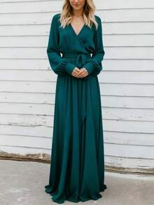Long, Plain Dress With A Deep V-Neck, New Season European Style, Elegant, Best-Selling Women's Party Dress. - 綠色 - 查看 2