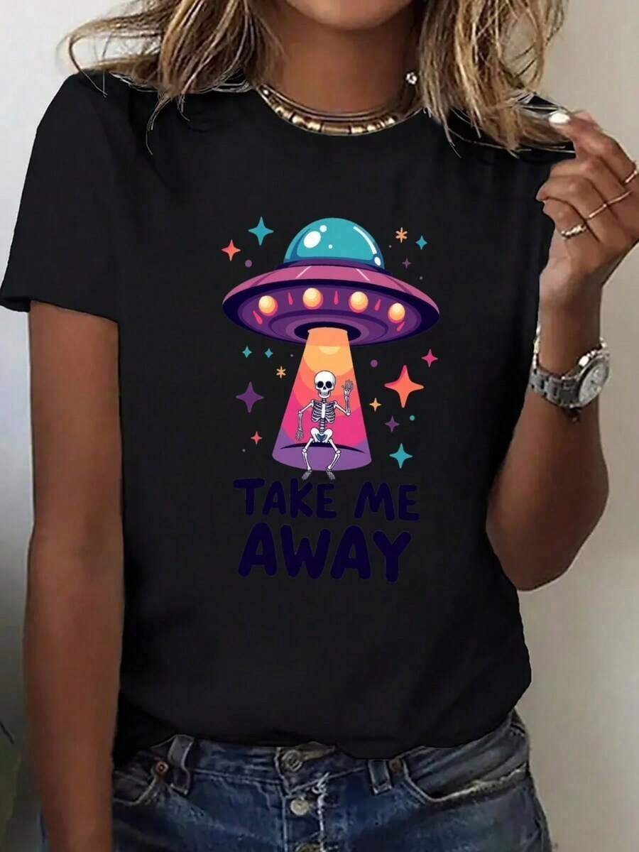 Casual - Women's Oversized T-Shirt - Loose Fit Casual Top For Everyday Wear With 'Take Me Away' Print, Women's T-Shirt, Comfortable Clothing For All Seasons And Themed Events, Relaxed Style, Fun Design, Breathable Material, Eye-Catching T-Shirt, WearFashion - 黑色 - 查看 1