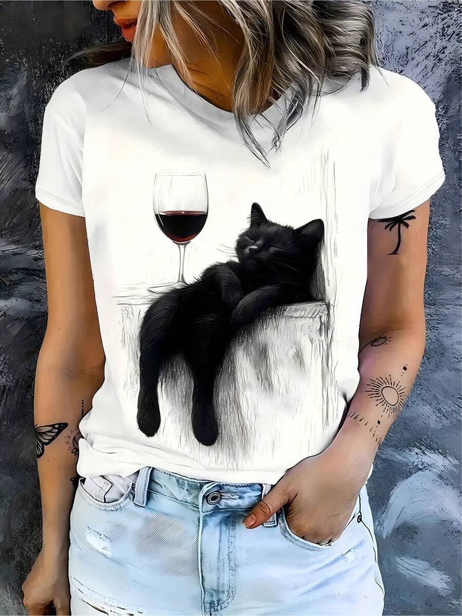 Women's Pure Cotton T-Shirt, Stylish Black And Burgundy Cat Design, Simple Printed T-Shirt, Casual Short-Sleeved Top, Soft And Comfortable For Everyday Wear, Machine Washable, Artistic And Modern Design, Loose Fit, Durable Material, Suitable For All Seasons. Plain White T-Shirt. - 白色 - 查看 1