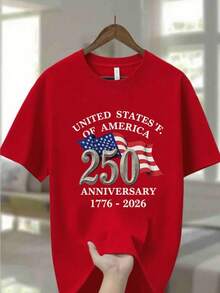 Patriotic T-Shirt For The 250th Anniversary Of The United States 1776-2026 - Unisex, Suitable For All Seasons, 250 Years Of History, Casual Crew Neck T-Shirt 100% Pure Cotton With Flag Print, Independence Day Gift For Everyday Wear. - 黑色 - 查看 1