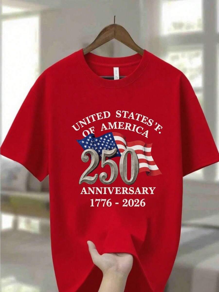 Patriotic T-Shirt For The 250th Anniversary Of The United States 1776-2026 - Unisex, Suitable For All Seasons, 250 Years Of History, Casual Crew Neck T-Shirt 100% Pure Cotton With Flag Print, Independence Day Gift For Everyday Wear. - 黑色 - 查看 1