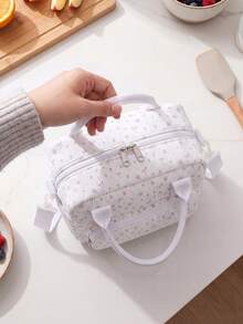 1Piece Portable Lunch Bag Large Reusable Insulated Lunch Box Bento Pouch Dinner Insulation Bag Student Thickened Cute Lunch Fruit Bag Pink Strawberry Stripe Leopard Print Small Floral Bag For School School Accessories School Stuff - 紫花 - 查看 5