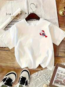 Women's Loose Fit One-Piece T-Shirt With White Lobster Print - Soft, Round Neck, Short Sleeves, Loose Fit, Casual Top, Red And Blue Crab Pattern, Nautical Style Beachwear, Suitable For All Seafood Lovers, Comfortable For All Seasons, Casual H-Shaped Silhouette, An Ideal Gift For Seafood Enthusiasts. - 白色 - 查看 7