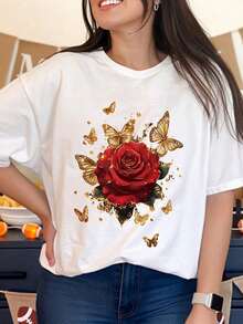 Women's Rose And Butterfly Print T-Shirt, Casual Summer Top, Fashionable Everyday T-Shirt, Gift Idea For Her, Cotton T-Shirt, Ideal Gift - 白色 - 查看 7