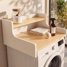 OMCHOM Washer Dryer Countertop Organizer With 2-Tier Shelf, Wood Laundry Room Storage Topper With Edge Guard Rails, Smooth Surface Laundry Space Organizer, Fits Most Standard Washers & Dryers, Laundry Essentials Holder For Bathroom, Mudroom - White + Natural Wood Color - View 10