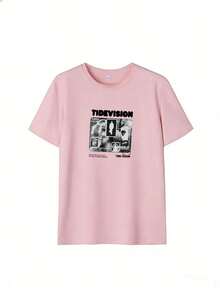 T-Shirt With "TIDEVISION" Text And Retro Screen Graphic,  Short-Sleeved T-Shirt For Spring And Summer 2026, Made In Mexico, 180 Grams. Cartoon Print, Couple Design, Suitable For Indoor Or Outdoor Wear. Crew Neck, Unisex, Ideal For Office And Leisure. One-Pack. - PK-P631577SLNDXZGY641 - 查看 2