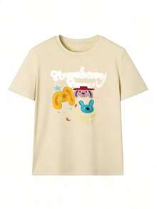 T-Shirt With Three Rabbit Faces And The Text "Strawberry," A  Short-Sleeved T-Shirt For Spring And Summer 2026, Made In Mexico, 180 Grams. Cartoon Print, Couple Design, Suitable For Indoor Or Outdoor Wear. Crew Neck, Unisex, Ideal For The Office And Leisure. One-Pack. - APR-P631577SLNDXZGY638 - 查看 2