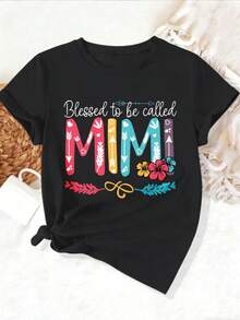 Camiseta Deportiva Casual para Mujer con Nudos en Negro y Colorido Texto Bendecida por Ser MAMÁ - Camiseta Elástica de Cuello Redondo, Lavable aáquina, Ajuste Cómodo para Todas las Estaciones, para Mamás Modernas. - Negro - Ver 1