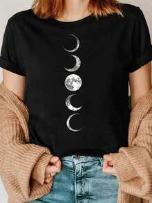 Camiseta Deportiva Casual para Mujer con Gráficos de Luna - Camiseta Negra Elástica de Cuello Redondo, Lavable aáquina, Ajuste Cómodo y Apta para Todas las Estaciones, para Combinar con Jeans Azules. - Negro - Ver 6