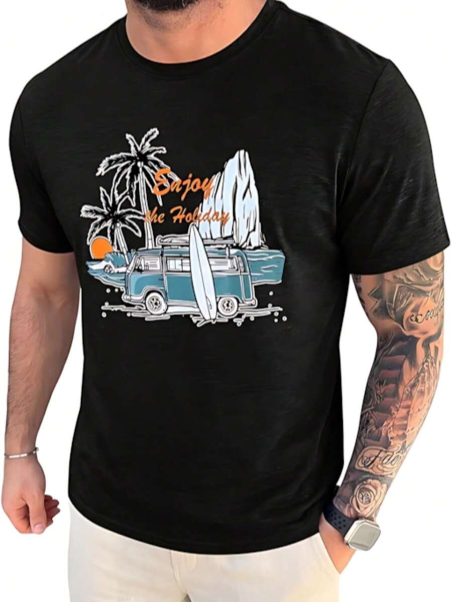 Camisetas de manga corta para hombre, con cuello redondo, estilo casual, para verano, playa, palmeras, estampadas, vintage, hawaianas Negro - Negro - Ver 1