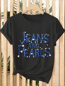 Camiseta Estampada para Mujer - Camiseta Casual de Manga Corta y Cuello Redondo en Negro con Diseño JEANS Y PERAS, Corte Relajado para Todas las Estaciones, Perfecta para Uso Diario y Atuendos de Vacaciones (Lavable aáquina). - Negro - Ver 1