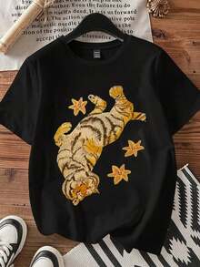 Round Neck T-Shirt With Tiger And Starfish Print For Casual Wear. Women's Casual Blouse - 黑色 - 查看 4