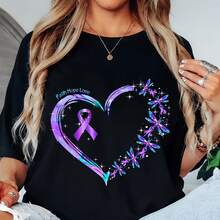 Purple Ribbon Dragoy Awareness Shirt Lupus, Fibromyaia, Epile220G Heavyweight 100% Cotton T-Shirt.  With Butterfly Print Pattern, Suitable For Girls And Women Short Sved Round Neck Inspirational Shirt, Cute Aesthetic Y2K Style Summer Top, Suitable For Outdoor, Family, Work Or Street Wear Casual Loose Daily T-Shirt - 黑色 - 查看 1