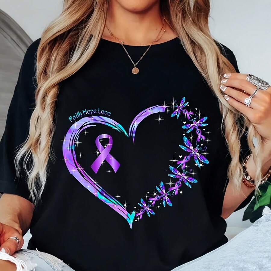 Purple Ribbon Dragoy Awareness Shirt Lupus, Fibromyaia, Epile220G Heavyweight 100% Cotton T-Shirt. With Butterfly Print Pattern, Suitable For Girls And Women Short Sved Round Neck Inspirational Shirt, Cute Aesthetic Y2K Style Summer Top, Suitable For Outdoor, Family, Work Or Street Wear Casual Loose Daily T-Shirt - 黑色 - 查看 1