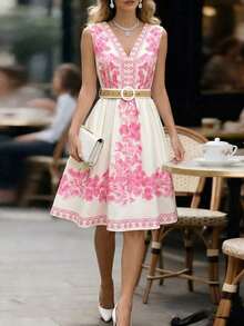Vestido maxi floral de estilo vacacional decorativo, adecuado para uso diario, elegante y romántico con cuello en V profundo y cinturón para mujeres - Rosa Pálido - Ver 1