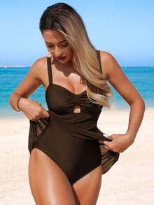 Swim Lushoire Tankini Swimsuit With Solid Color Mesh Skirt And Patches, Model 2026 - 白色 - 查看 4