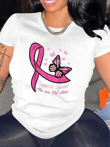 Soft, Breathable, And Lightweight For All-Day Comfort. Plus-Size Women's Casual Short-Sleeve Crew Neck T-Shirt With A Pink Butterfly Print For Breast Cancer Awareness. Comfortable Summer Top, Suitable For All Seasons, Fashionable Women's Clothing, Casual Wear, Stretchy Fabric. Classic Crew Neck With A Relaxed Fit That Flatters All Body Shapes And Is Easy To Pair With Jeans, Shorts, And Leggings. - 白色 - 查看 12