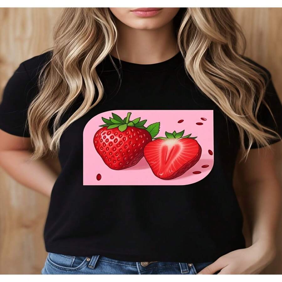 Camiseta de mujer con estampado de fresas, moda casual de verano para uso diario, blusas bonitas 2D para mujer, camiseta de mujer, Diseño casual holgado, ligeramente extendido S-XXXL - Negro - Ver 1