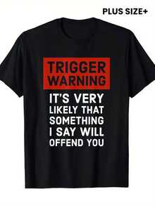 Funny Men's T-Shirt With All-Over Print "Trigger Warning" - Creative, Humorous And Sarcastic Garment For Parties, Casual Wear And Comfort In All Seasons | Casual Loose Crew Neck Style, Suitable For Both Men And Women (Machine Washable). - 黑色 - 查看 8