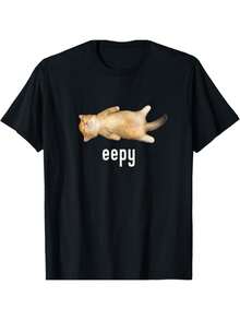 Camiseta Casual de Poliéster para Hombre - Estampado de Gato Vibrante, Cómoda y Transpirable, Esencial para el Verano, Diseño Negro "Eepy", Corte Holgado, Lavable a Máquina - Negro - Ver 8